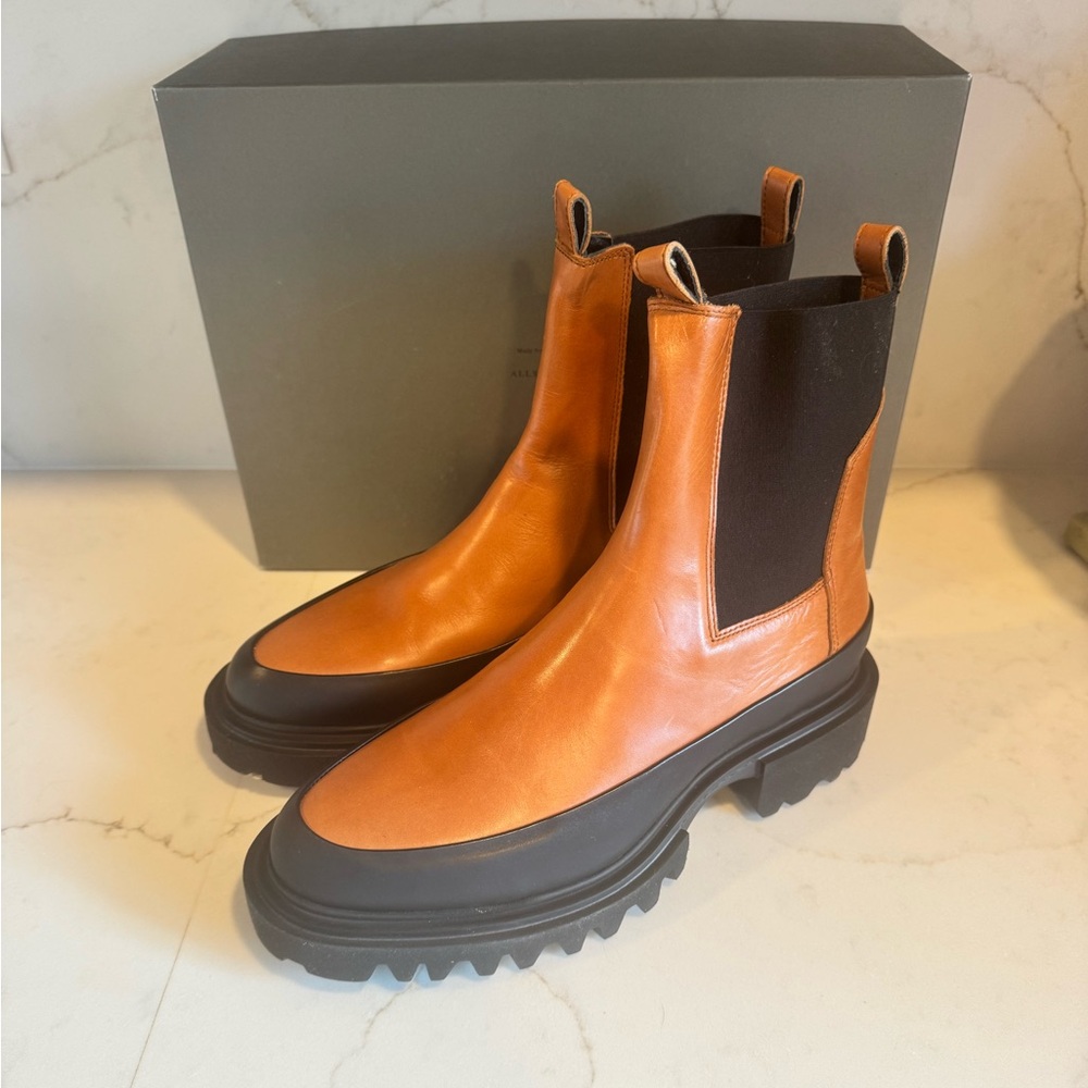 AllSaints Harlee Lug Sole Chelsea Boots 40 10 Tan/Brown and Black